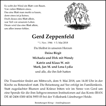 Anzeige von Gerd Zeppenfeld von LZ